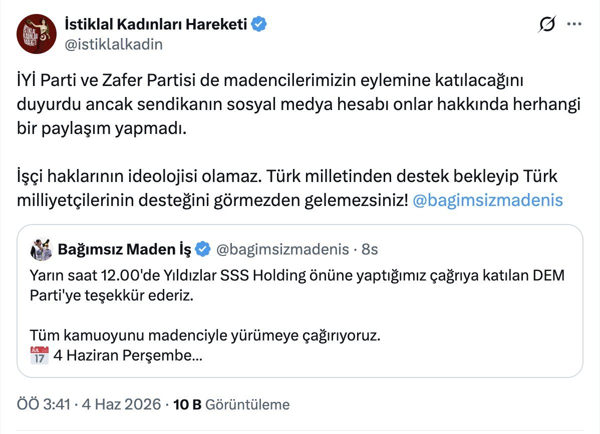 mhakankocak's tweet photo. Daha önce de yazdık.
Türkçülük konforlu orta sınıf hareketidir.
Orta sınıfın lumpenleşme halidir.
Öyle ya da böyle mutlaka işçi düşmanlığına varır.
İşçi hareketi ne zaman güçlense mutlaka dikkat ve enerjiyi boğarak hareketi zayıflatır.
Bir isyan gibi, bir mazlum hareketi gibi görünür, demagojik bir söylem geliştirir. Ama sınıf mücadelesinin keskinleştiği an misyonunu ortaya koyar.
Solcular gibi işçilerin dünya görüşüne, dinine, diline , milliyetine bakmadan hak mücadelelerinde tereddütsüz yer alma refleksi asla yoktur.
İşçileri araç olarak görür; davaları, sömürülüyor olmaları, mağdur olmaları, haklarının peşinde olmaları umurlarında değildir.
Bazen işçi hareketini sahne olarak kullanma fırsatı bulursa kullanır.
Bu fırsat yoksa karşısına dikilir, en azından rol çalar.
Patronlar Türkçülüğü sever, arka odada kafalarını okşar...