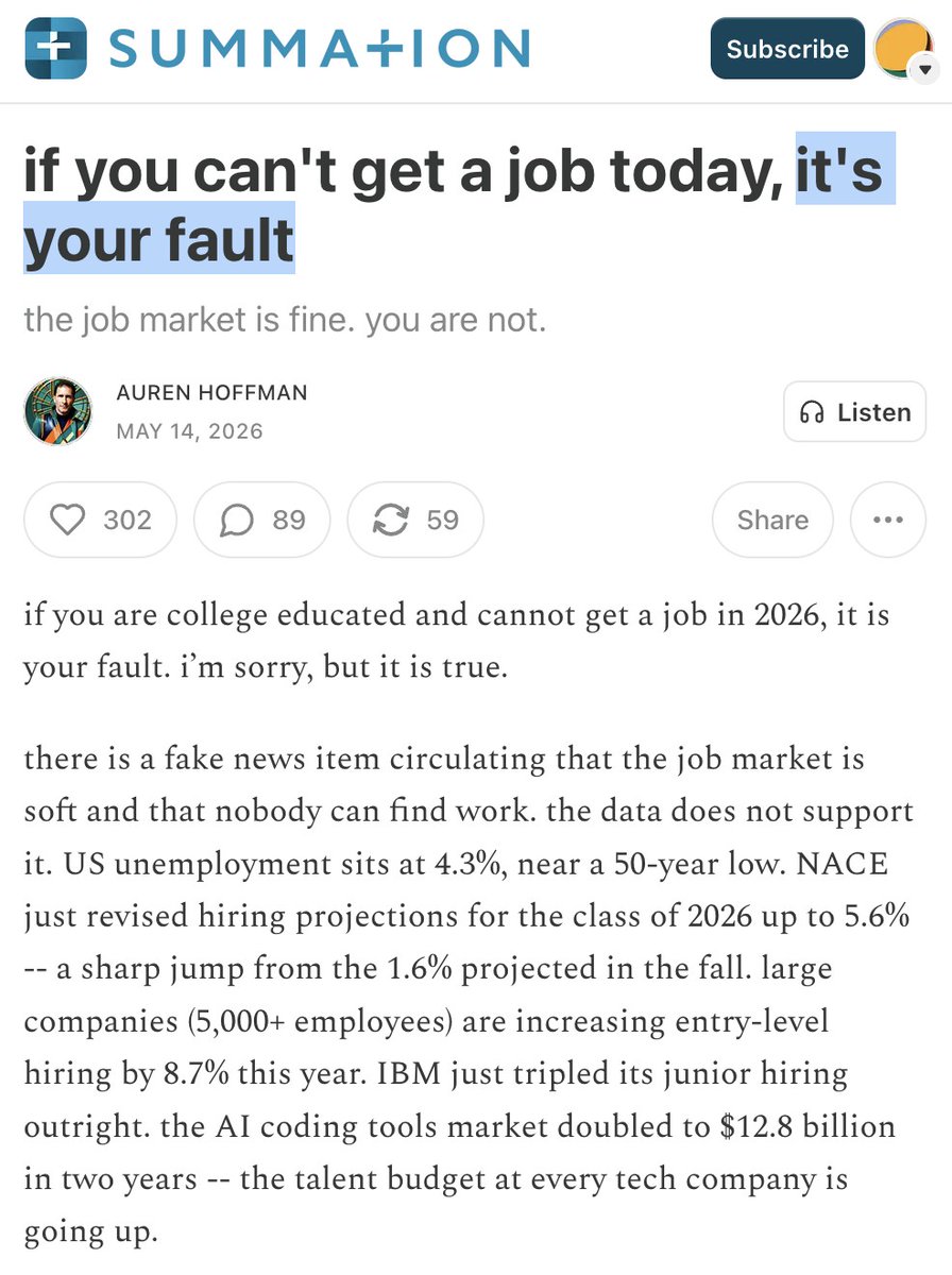schifeling's tweet photo. "A viral essay making the rounds right now tells new grads: "If you can't get a job, it's YOUR fault." 😳  

After reading it over, I think it's half right and half completely bonkers…" https://t.co/7eHskNWF86

#CareerCoaching #Jobs https://t.co/FjMTaQUg0u