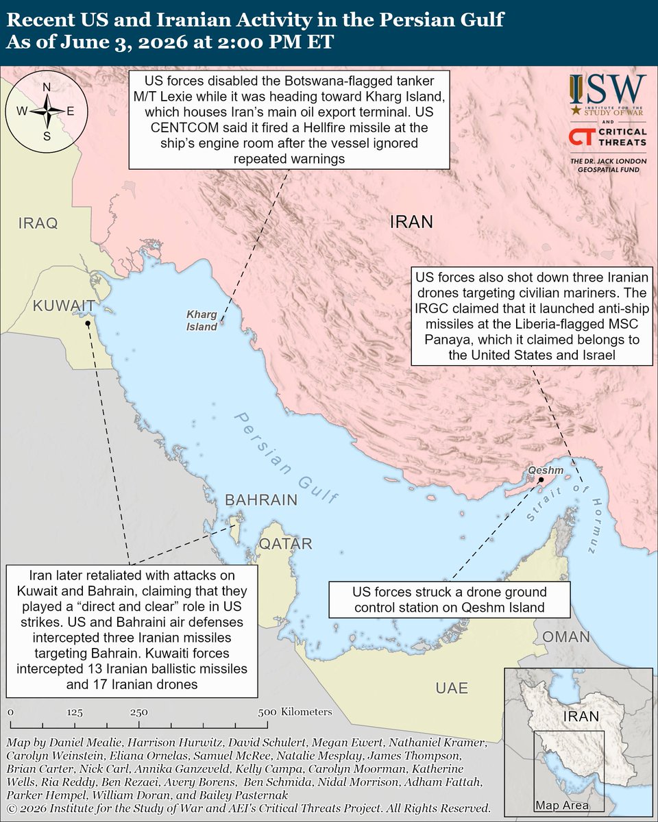 javieryearson's tweet photo. 🔴WAR ON TERRORISM: IRAN 🇮🇷🔴/CTP-ISW/

The Iranian regime is trying to impose costs on the United States for continuing to enforce its blockade while also trying to strain Gulf states’ relations with the United States.

US Central Command (CENTCOM) stated on June 2 that US naval forces disabled an Iranian-affiliated tanker, the Botswana-flagged M/T Lexie, that was transiting toward Iran’s Kharg Island in violation of the US blockade.

Iranian forces then launched attack drones at civilian ships trying to transit the Persian Gulf. US forces intercepted three of the drones.

The IRGC also claimed that it launched anti-ship missiles at the Liberia-flagged MSC Panaya, which it claimed belongs to the United States and Israel.

US forces subsequently conducted self-defense strikes against drone ground control stations on Qeshm Island in the Strait of Hormuz.

Iranian forces then retaliated by firing ballistic missiles and drones at US bases in Kuwait and Bahrain.

The Kuwaiti Defense Ministry stated on June 3 that Kuwaiti forces intercepted 13 ballistic missiles and 17 drones.

Two Iranian missiles hit Kuwait International Airport, however, killing one person, injuring at least 63 others, and causing significant damage.

US and Bahraini air defenses also intercepted three ballistic missiles, one of which targeted the US Fifth Fleet Headquarters in Manama.

The Iranian regime’s English-language media outlet, Press TV, claimed that Iran’s attacks sent a message to Gulf countries that their “territory is not safe” if they continue to host US forces.

This comment reflects Iran’s efforts to drive a wedge between the Gulf states and the United States by threatening to attack the Gulf states if they cooperate with the United States.

Iran’s efforts to sow divisions between the Gulf states and the United States are part of Iran’s broader strategic objective to expel the United States from the Middle East.
************

Iranian officials and media responded to these attacks with further threats, probably to try to deter the United States from enforcing its blockade on Iranian ports.

Iranian Supreme Leader Mojtaba Khamenei’s military adviser, Mohsen Rezaei, stated on X on June 3 that Iran will not allow the United States to make “excessive demands” in negotiations and will respond to any US military action with a “barrage of missiles and drones.”

Press TV also argued that Iran will intensify its responses to US military action in order to deter the United States from taking such action.

https://t.co/fLi62ngNHh via @criticalthreats