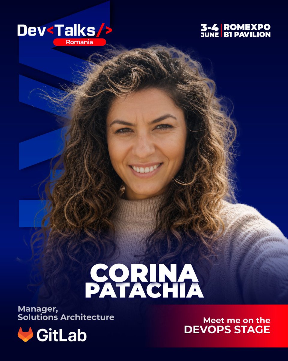 DevTalksRo's tweet photo. We're proud to have Corina Patachia, Manager Solutions Architecture at GitLab today on the DevOps Stage! Catch her keynote from 11:40 to 12:10! https://t.co/uw1J30C9Hk