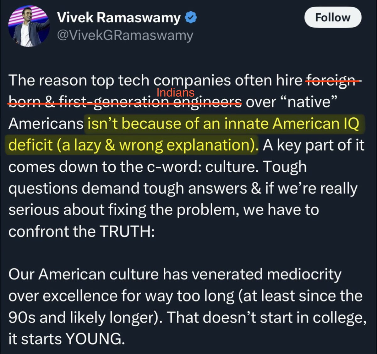 CommieGibberish's tweet photo. Ohio must NEVER forget that this Indian anchor baby (whose “American Dream” was running a Pharmaceutical Pump-and-Dump) said that the reason talented American graduates eager to work can’t find jobs is that they are LAZY, so that’s why Megacorporations must fly in his Indian brethren. 🫵🏻