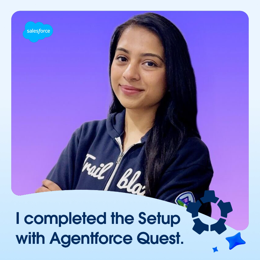 monikasfdc's tweet photo. I completed the @salesforce #SetupWithAgentforce quest! 🎉
Learn how to reduce clicks and streamline admin tasks today. Then, celebrate your new skills with a custom photo. 
Start learning: https://t.co/wjPKojSzDl
#SFSweepstakes https://t.co/5I93RwIMI4
