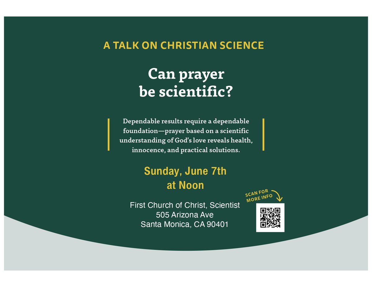 YoVenice's tweet photo. A free inspirational talk will be given at First Church of Christ, Scientist, Santa Monica on June 7th at Noon. There will be a light lunch provided before the event. All are welcome! 

https://t.co/3wkHXarS0f https://t.co/tWEsGIgIs4