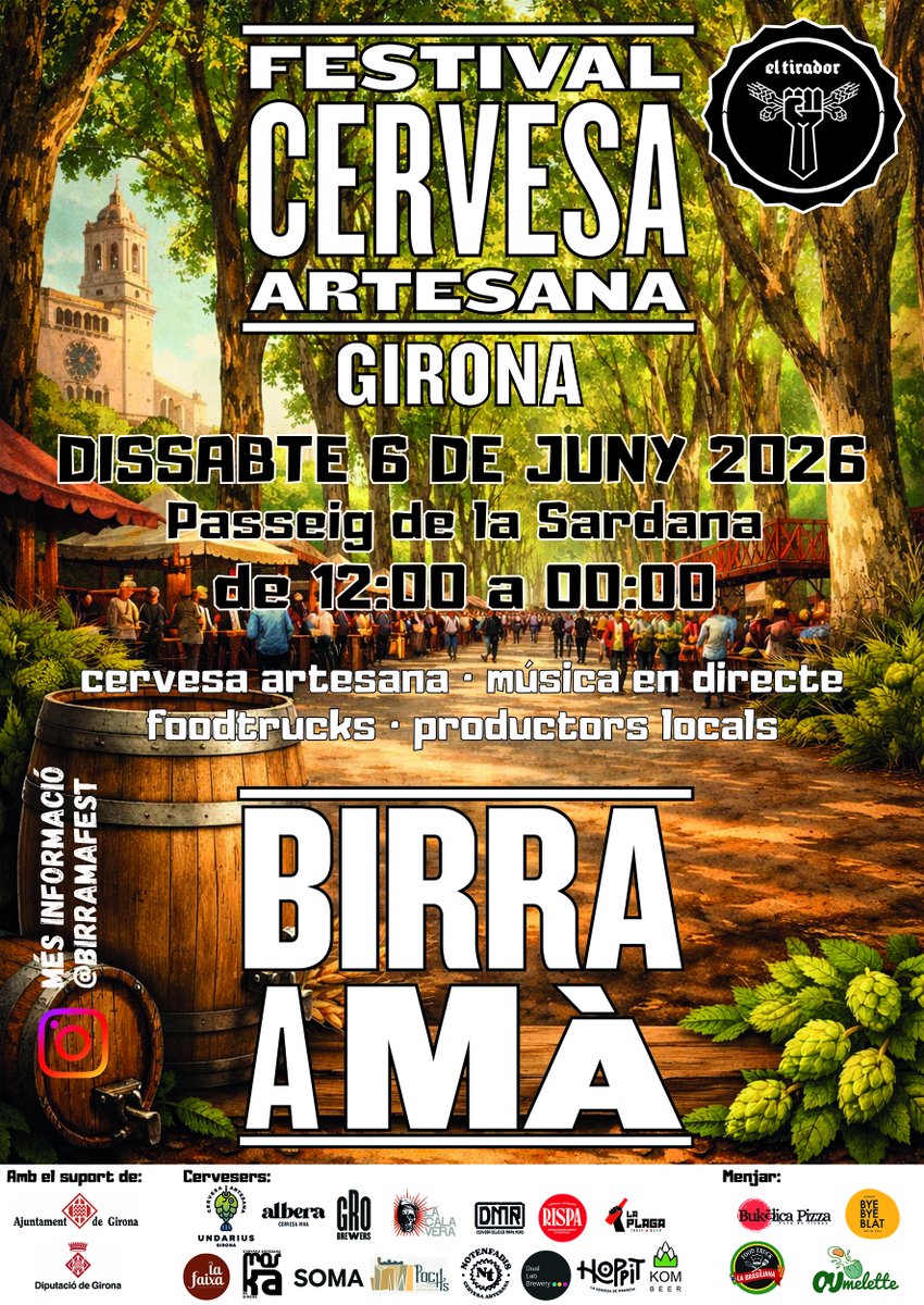 Promocio_gi's tweet photo. 🍺Aquest dissabte, 6 de juny, #Girona acull una nova edició de Birra a mà, el del festival de la cervesa artesana.

De les 12 del migdia a la mitjanit al passeig de la Sardana, cervesa artesana de productors locals, 'foodtrucks' i música en directe.

Ho organitza El tirador. https://t.co/0gbOaKjssH