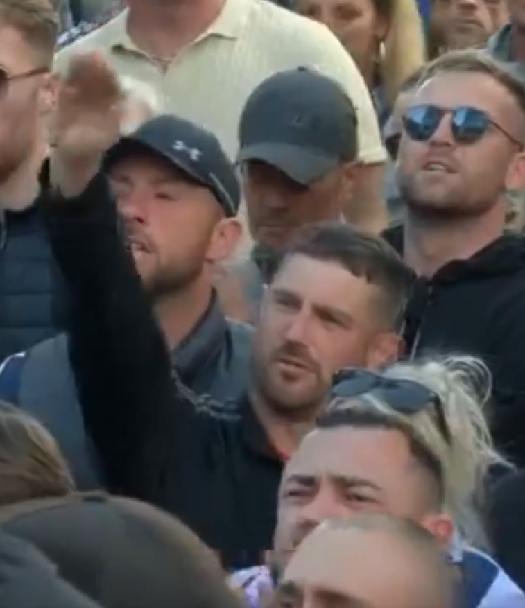TobyBourke's tweet photo. Who is this guy doing a Nazi salute at the Farage Riots #2? Does he work for you? #Southampton #FarageRioters https://t.co/eaNhq7t4SC