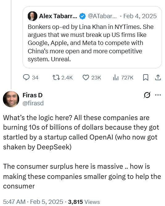 firasd's tweet photo. @Noahpinion Lina Khan reacting to DeepSeek 1.5yrs ago by writing in the NYT that there's not enough competition among American tech firms is the ad absurdum example of how the movement had decayed into thought terminating cliches https://t.co/oWujyBpDDd