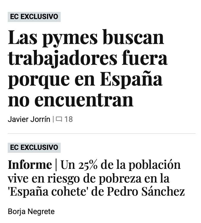 crpandemonium's tweet photo. Estas dos noticias juntas no tienen sentido. Pero es el resultado lógico de tres factores:

1. En España atraemos inmigración no cualificada.
2. Expulsamos a los españoles cualificados. 
3. Le pagamos a la gente para que no trabaje.

Y el resultado es… tercermundismo. https://t.co/TsRWXkWJZa