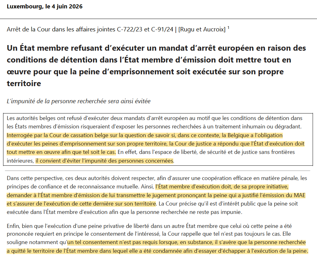 N_Hervieu's tweet photo. Dignité en prison &amp; mandat d'arrêt européen (MAE) : La CJUE juge qu'un Etat membre doit faire exécuter sur son sol la peine de prison d'une personne visée par un MAE.

Si ce MAE ne peut être exécuté en raison des conditions indignes de détention dans l'Etat émetteur du mandat. https://t.co/KCOgm3Ud2T