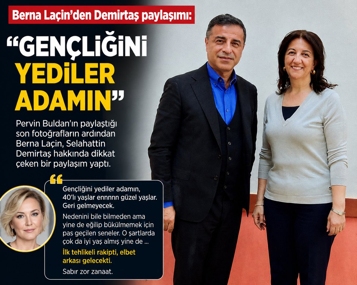 DiyarbakirSD's tweet photo. Berna Laçin'den Demirtaş paylaşımı: "Gençliğini yediler adamın"
Oyuncu Berna Laçin, Pervin Buldan'ın paylaştığı Selahattin Demirtaş fotoğraflarına ilişkin dikkat çeken bir paylaşım yaptı.
Laçin, sosyal medya hesabından yaptığı paylaşımda, Demirtaş'ın yıllar içindeki değişimine vurgu yaparak şu ifadeleri kullandı:
"Gençliğini yediler adamın. 40'lı yaşlar ennnnn güzel yaşlar. Geri gelmeyecek. Nedenini bile bilmeden ama yine de eğilip bükülmemek için pas geçilen seneler. O şartlarda çok da iyi yaş almış yine de... İlk tehlikeli rakipti, elbet arkası gelecekti. Sabır zor zanaat."
Pervin Buldan'ın yayımladığı güncel fotoğrafların ardından yapılan paylaşım, sosyal medyada geniş yankı buldu

#amed #demirtaş #selahatindemirtaş #bernalaçin #diyarbakır
@bernalacin35_5 @hdpdemirtas