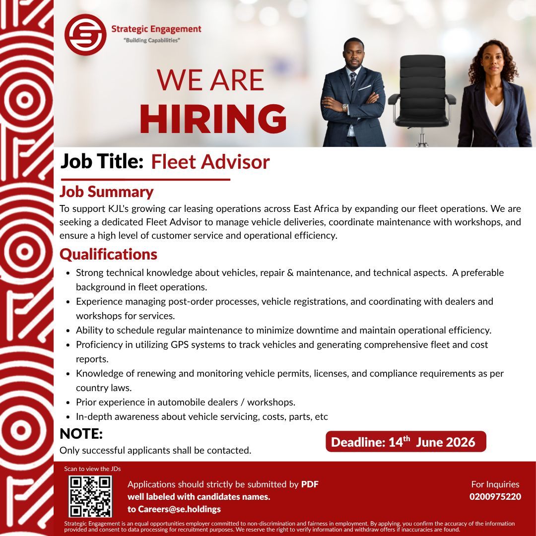 StrategicEngage's tweet photo. On behalf of our clients, we are hiring for the following position.
Application Deadline: 14th June 2026
Job Description: https://t.co/KzIKl9wwEu
All applications must be submitted by PDF.
#BuildingCapabilities https://t.co/i099m1Xi6t