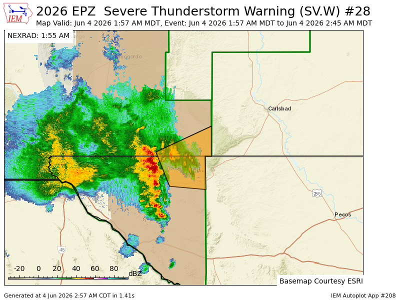 TexasStormAlert's tweet photo. EPZ issues Severe Thunderstorm Warning [tornado: POSSIBLE, wind: 60 MPH (RADAR INDICATED), hail: <.75 IN (RADAR INDICATED)] for Otero [NM] and Hudspeth [TX] till 2:45 AM MDT https://t.co/6W7UFrJccY https://t.co/L4h09AJldX