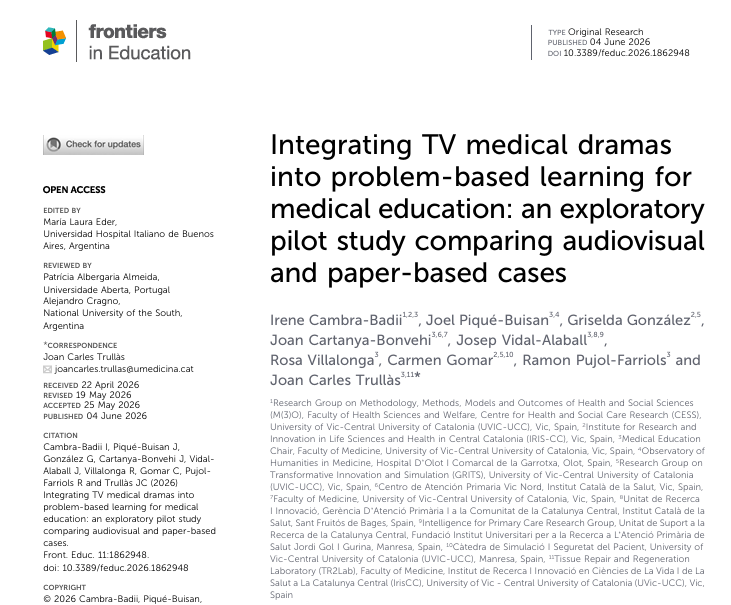 jc_trullas's tweet photo. Integrating TV medical dramas into problem-based learning for medical education: an exploratory pilot study comparing audiovisual and paper-based cases
https://t.co/EL07kSVzQF 
@u_medicina @jvalaball @jpiqueb @icambrabadii @uvic_cife https://t.co/mKb5CpFnty