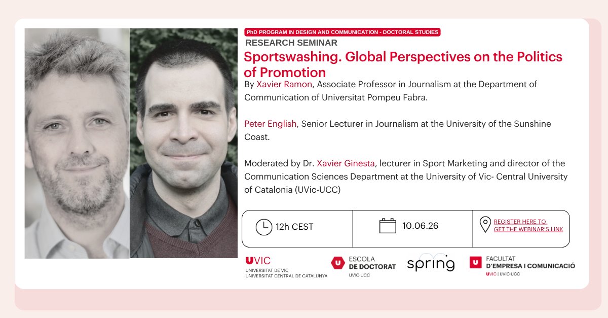 UDivulga's tweet photo. 🔔Recordatori | #Sportswashing. Global Perspectives on the Politics of Promotion     

🗓️10 de maig ·12h 
📍Sessió virtual 
🎙️ Xavier Ramon, Peter English i Xavier Ginesta  

👉Més informació i inscripcions: https://t.co/ZwvQ4ueOEt https://t.co/IKabTlLlie