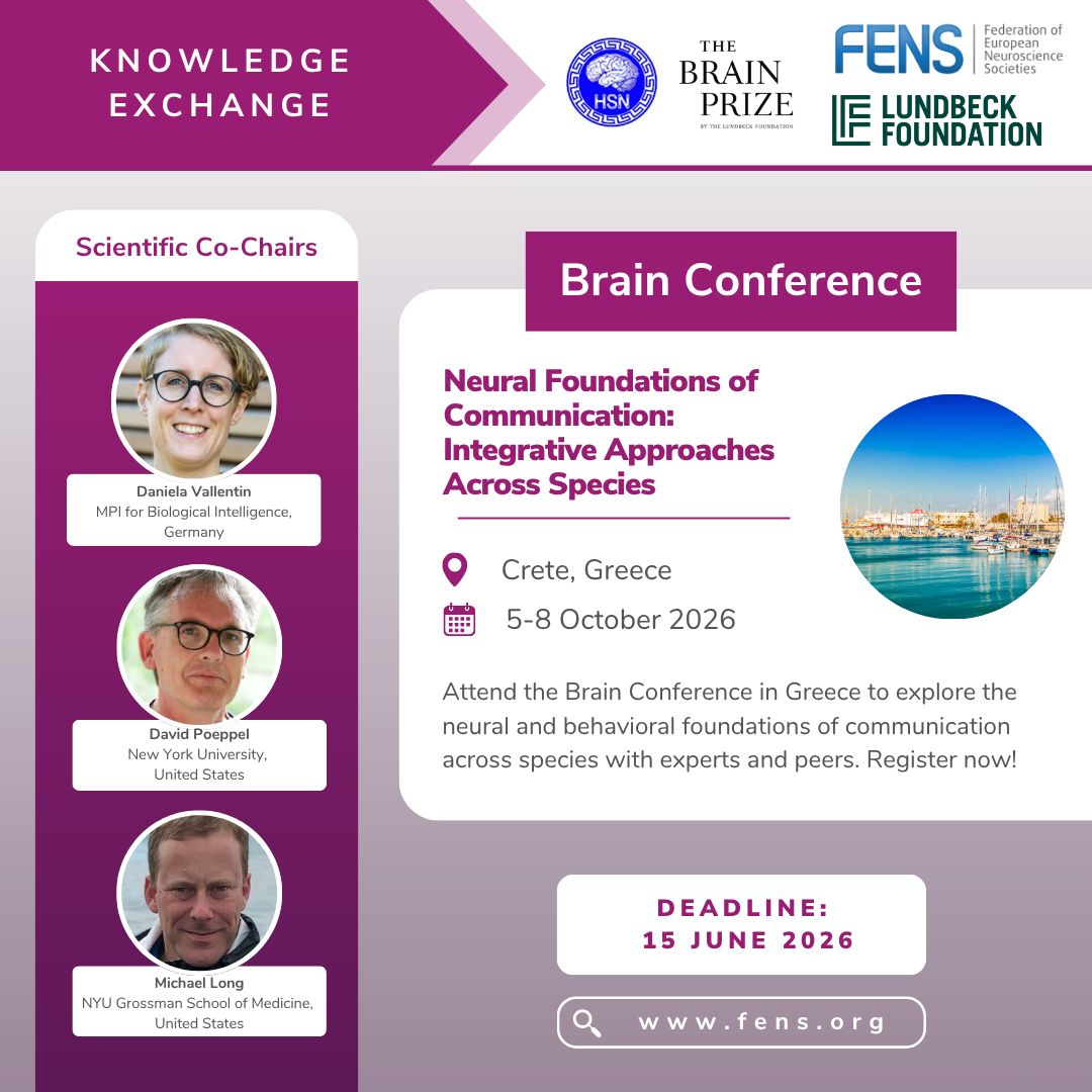 FENSorg's tweet photo. 🌟 Join the #BrainConference on ‘Neural Foundations of Communication’ in Greece! 

📍 Crete, Greece 
🗓️ 5–8 October 2026 

👉 Don't miss your chance! Regular registration ends 15 June 2026: https://t.co/Q3BrUpvMWs 

@HellenicSfN @lundbeckfonden @BrainPrize https://t.co/NSXFJ0ChU3