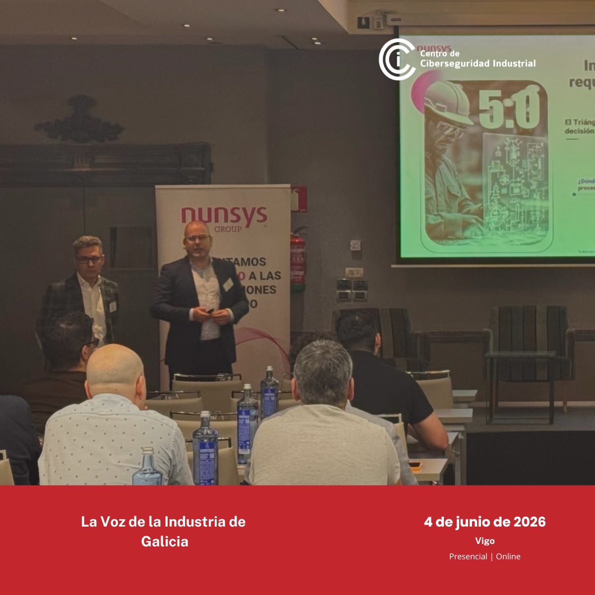 info_CCI's tweet photo. Continuamos la agenda preparada para hoy en La Voz de la Industria de Galicia 2026.

Jose Luis Jimenez y Alberto Docampo, representando a  NUNSYS, acaban de impartir la ponencia «Ciberinteligencia en Planta: Protegiendo los sistemas industriales de soporte a decisión, SOC OT #IA»
👇Sigue la agenda evento aquí 🔗 https://t.co/Va3G0HC2kZ