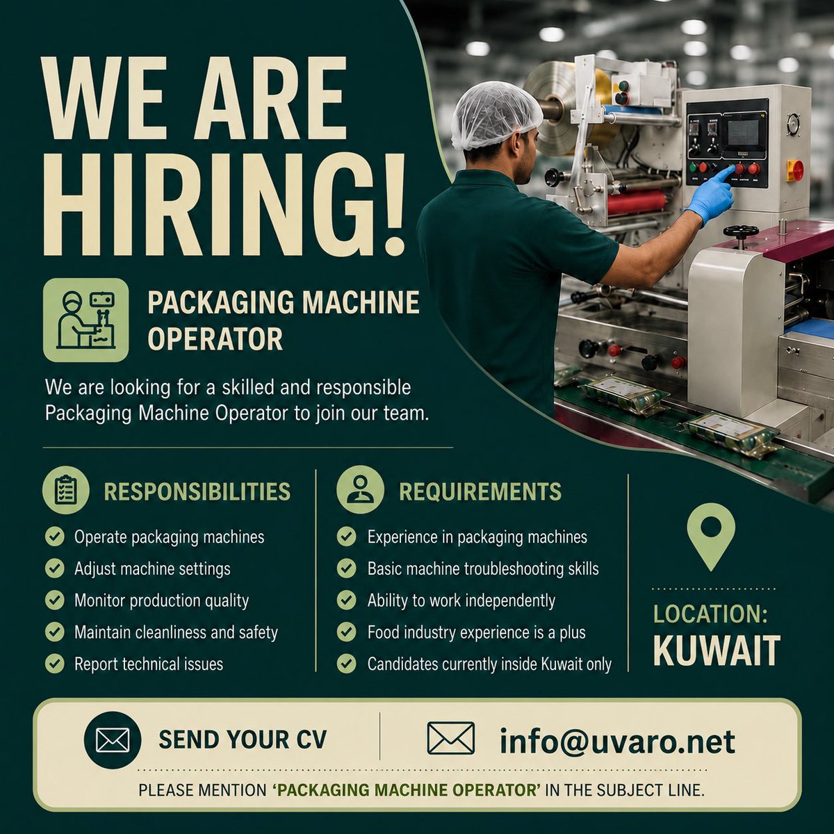 thejobyard's tweet photo. 📍 This opportunity is available for candidates currently inside Kuwait only.

Uvaro is hiring a Packaging Machine Operator in Kuwait.

📩 Send your CV to: info@uvaro.net

#JobsinKuwait #KuwaitJobs #HiringKuwait #MachineOperator #TheJobYardKuwait https://t.co/wh3Q2ebVMz