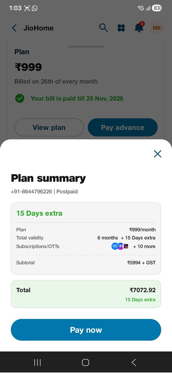 Legend1558's tweet photo. @JioCare @reliancejio @reliancejio @TRAI @JM_Scindia so jio has started looting ppl by fraudulent ads in their app. They show the details as recharge with 6 months nd get 15 days extra. bt aftr recharge thy neither give 6 months nor 15 days xtra. https://t.co/10G9meWhdq