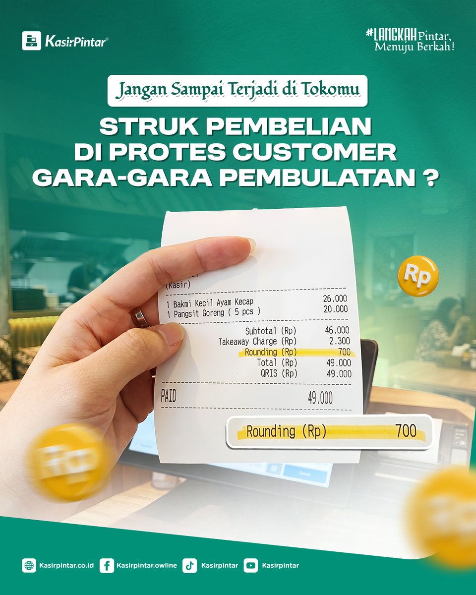 KasirPintar's tweet photo. ‼️Jangan Sampai Terjadi di Bisnismu‼️

Pakai sistem pembulatan biar lebih mudah siapin kembalian, eh malah diprotes customer gara-gara ini??!

Dengan sistem pembulatan dari Kasir Pintar kamu bisa atasi masalah ini🙌 https://t.co/rC2GTBk6ip