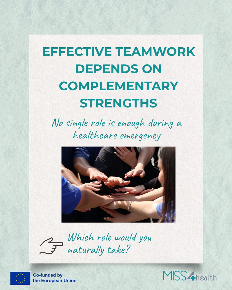 MISS4Health's tweet photo. 💡 No single role is enough on its own. Effective patient care depends on combining diverse strengths under pressure.
👉 Which role would you naturally adopt during a clinical emergency?

#MISS4Health #BelbinTeamRoles #HealthcareTeamwork #PatientSafety #SoftSkillsInHealthcare https://t.co/T2Yfodh1pn