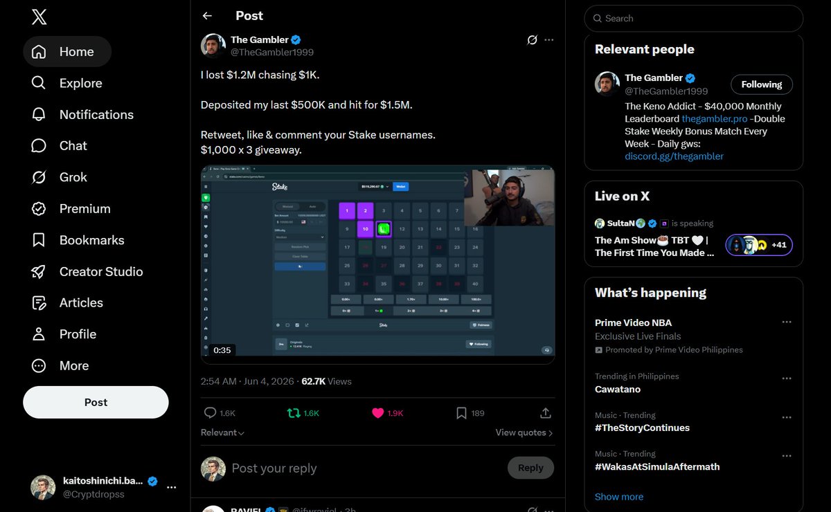 Cryptdropss's tweet photo. @TheGambler1999 All tasks done sir. Proofs below w/ username. I'm always on your every social. 
Manifesting  and hoping to be one of your winners sir @TheGambler1999 🙏. Always keep supporting you from your win and loss 🫶♥️

Stake/Kick: KaitoShinichi https://t.co/RXxdOuGQFP