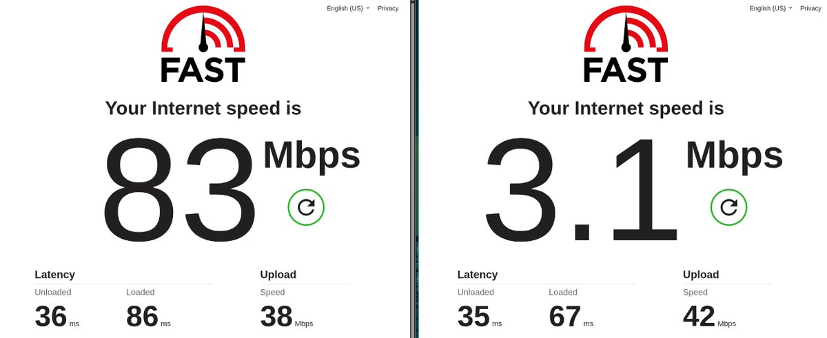 xz3dev's tweet photo. @Telekom_hilft fix your peering

In both images: left side VPN, right side direct peering. 

With direct peering I'm basically unable to work. With VPN it is tolerable. But this is not what I'm paying for. Issues started yesterday ~3pm for me.

speed(dot)cloudlfare(dot)com and fast(dot)com report the same.
