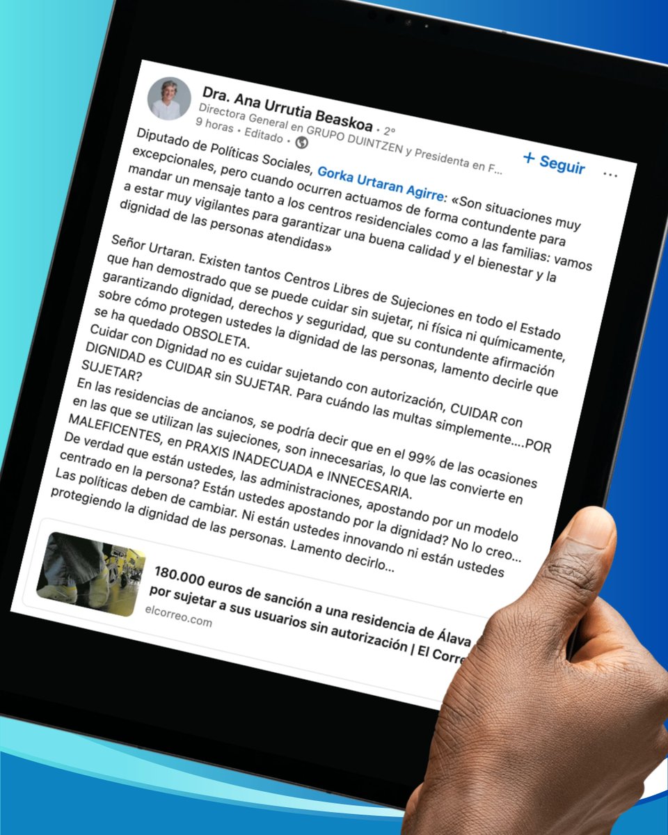 CuidadosDignos's tweet photo. Sujetar no es cuidar con dignidad.

La sanción a una residencia por utilizar sujeciones sin autorización recuerda algo esencial: no hablamos solo de libertad, hablamos de DIGNIDAD.

CUIDAR CON DIGNIDAD ES CUIDAR SIN SUJETAR. https://t.co/50ptVv0AzP
