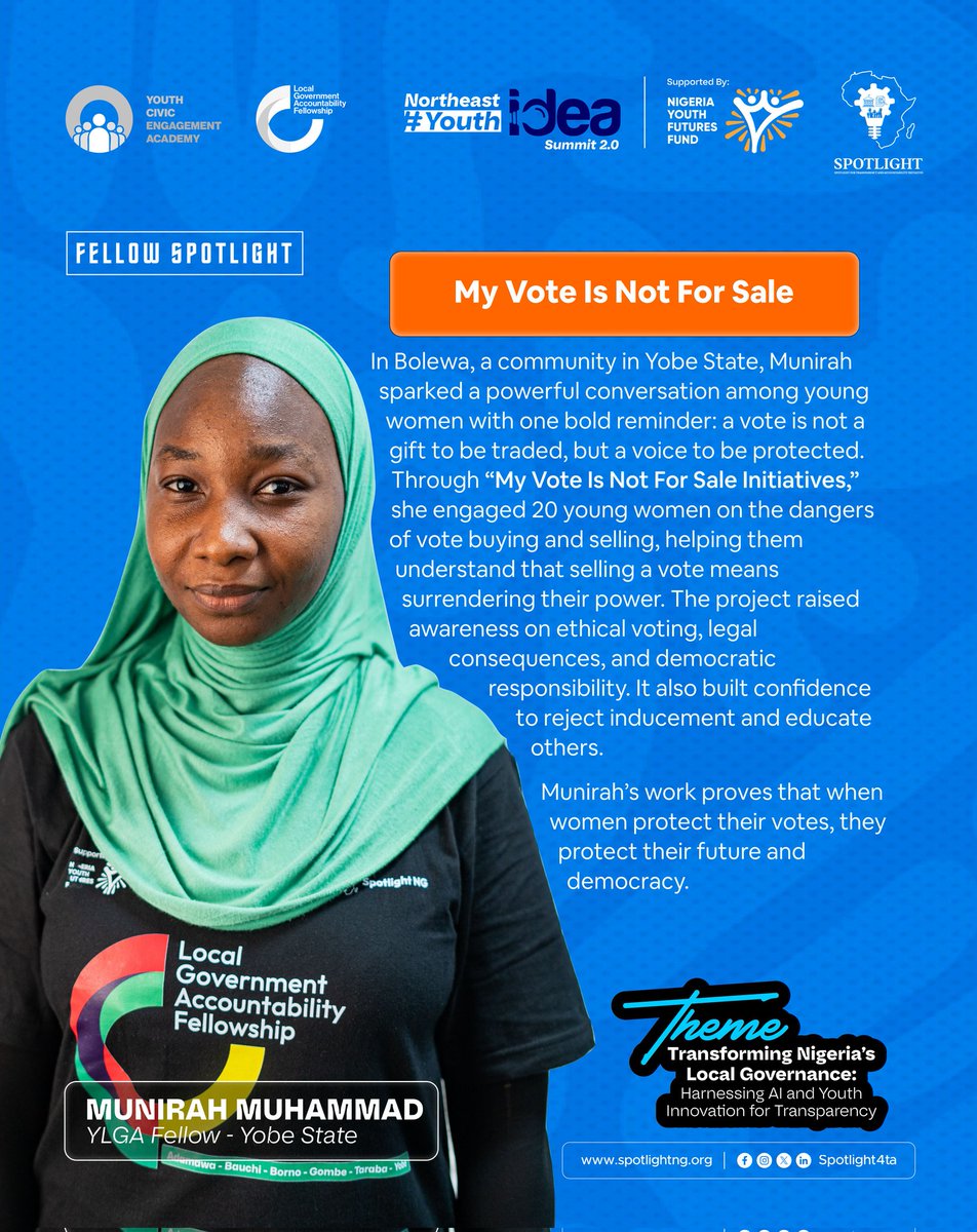 Spotlight4ta's tweet photo. What happens when young women realize their vote is their power?

For Munirah Muhammad, a YLGA Cohort 3 Fellow, it started with a conversation in Bolewa. It grew into a movement encouraging young women to reject vote buying &amp; embrace informed civic participation.

Be at YIS2.0 https://t.co/3KJtBxMXup