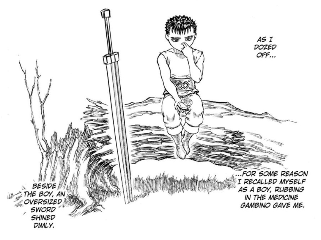 griffgatsu's tweet photo. This panel of guts makes me so emotional.. i wonder if he finds comfort in the dragon slayer because the size is familiar https://t.co/NZZF4w9woV