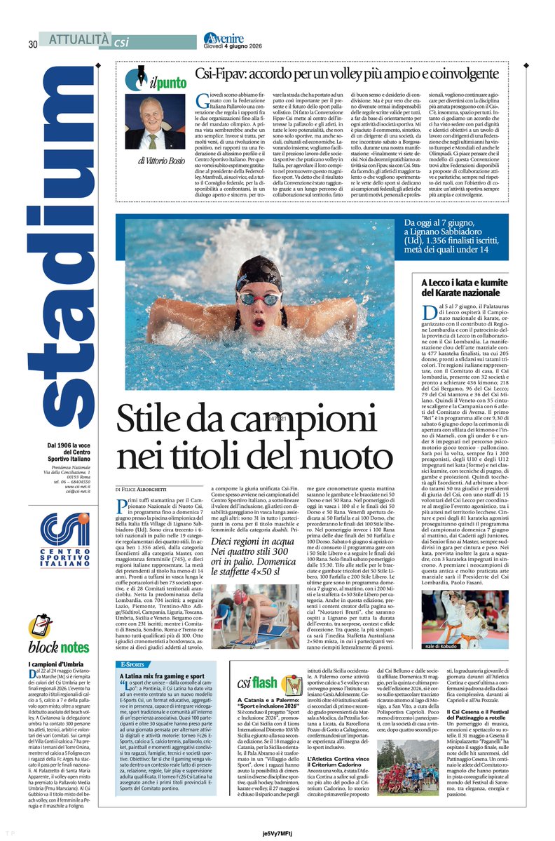 CSInazionale's tweet photo. Nella pagina #Stadium su @Avvenire_Nei  di oggi:
✅ Stile da campioni nei titoli del nuoto
✅ CSI-FIPAV: accordo per un volley più ampio e coinvolgente @Federvolley 
✅ A Lecco i kata e kumite del Karate nazionale 
✅ E-SPORTS. A Latina mix fra gaming e sport
✅ A Catania e a Palermo: “Sport e inclusione 2026”
✅ L’Atletica Cortina vince il Criterium Cadorino 
✅ Il CSI Cesena e il Festival del Pattinaggio a rotelle 
✅ I campioni d’Umbria