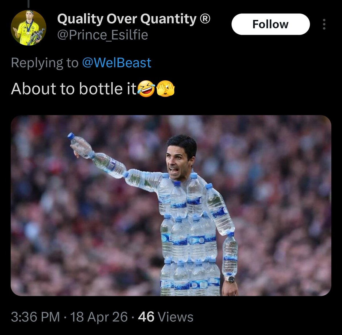 XerxesGunner's tweet photo. @Prince_Esilfie @fabrinho0 @FabrizioRomano Were you seething when Arsenal won the league? 😂 https://t.co/KTyU81NqJZ
