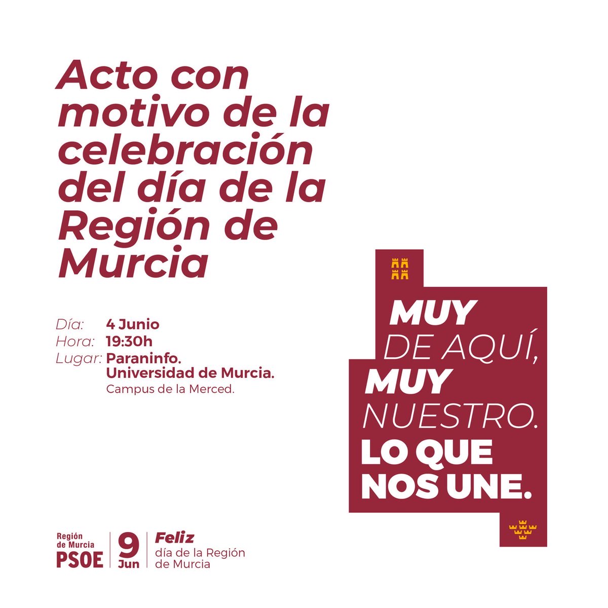 PSOE_RM's tweet photo. ✊🏽Levantamos los pilares de la Región de Murcia y estamos preparados para abrir una nueva etapa en nuestra tierra.

🙋🏻‍♀️Esta tarde reafirmamos nuestro proyecto de Región y ponemos en valor todo lo conseguido.

🕢 19:30 h
📍 Paraninfo de La Merced

¡Acompáñanos!

#LoQueNosUne ❤️ https://t.co/M7NxG9cqGm