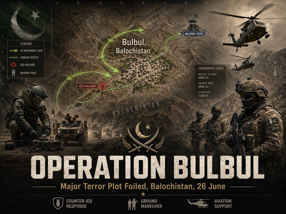 AabparaX's tweet photo. Bulbul, Balochistan, 2 June 26: Decisive Security Forces Operation Foils Major Terrorist Plot

In the early hours of 2 June 26, security forces executed a swift, intelligence-led and tactically calibrated counter-terrorism operation in Balbal village, Balochistan, decisively disrupting a major terrorist design before it could mature into a high-casualty attack. Displaying battlefield initiative, operational composure, and exceptional combat resolve, the troops moved with speed, precision, and fire discipline to intercept hostile elements, neutralize the immediate threat, and shield innocent civilians from grave harm.

At the centre of this mission stood the Counter-IED team of an excellent infantry regiment, whose courage, technical mastery, and mission focus proved decisive. Operating in a hostile environment under evolving threat conditions, the team carried out route sanitization, threat identification, explosive hazard mitigation, and combat clearance with remarkable professionalism. Their timely action led to the detection and successful defusing of an improvised explosive device placed on a route leading to a nearby post, preventing a possible mass-casualty incident and denying terrorists their intended operational effect.

During the evacuation phase, the security convoy came under aggressive small-arms and grenade fire from positions in the nearby village. In the face of this treacherous contact, troops maintained tactical cohesion, established fire superiority, protected the evacuation column, and continued the mission with unwavering resolve. In this intense engagement, one brave son of the soil embraced shahadat in the line of duty, sealing the operation with the highest tradition of sacrifice, courage, and national service.

As the situation escalated, additional troops and aerial support were immediately inducted into the area of operations. Army aviation provided aerial overwatch and precision support, suppressing hostile fire, shaping the battlespace, and enabling ground elements to regain tactical momentum. The synchronized application of ground manoeuvre, aviation support, counter-IED capability, and disciplined fire control reflected superior operational readiness, command responsiveness, and battlefield professionalism.

By the evening, security forces had successfully cleared the area, neutralized hostile elements, restored full operational control, and denied terrorists the psychological and tactical success they sought. The Balbal operation stands as a powerful demonstration of Pakistan’s counter-terrorism resilience and the armed forces’ unbreakable commitment to defend the people, protect the state, and secure every inch of the motherland. A detailed investigation is now underway to identify the facilitators, handlers, and support network behind the attack, with the objective of dismantling the entire hostile architecture.