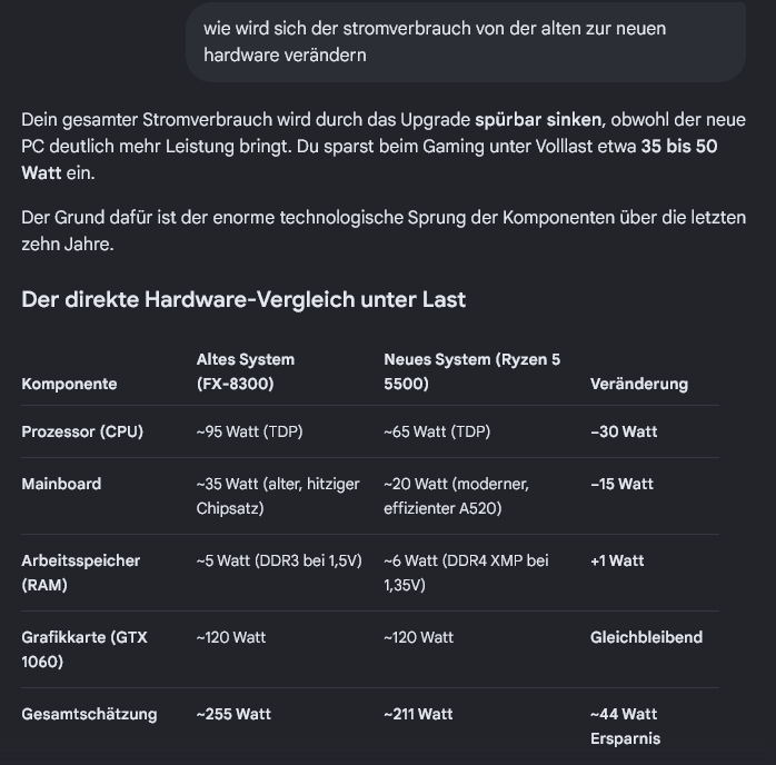 chrisgebhardt0's tweet photo. Mal #GoogleAI für den neuen PC upgrade befragt. Welche RAM passend sind für den neuen Prozessor, ob Grafikkarte ausreicht, wie hoch der neue Stromverbrauch ist (ist niedriger trotz höherer Leistung).  Muss sagen, erspart eine lange Internetrecherche. https://t.co/tpx4OUH6w4