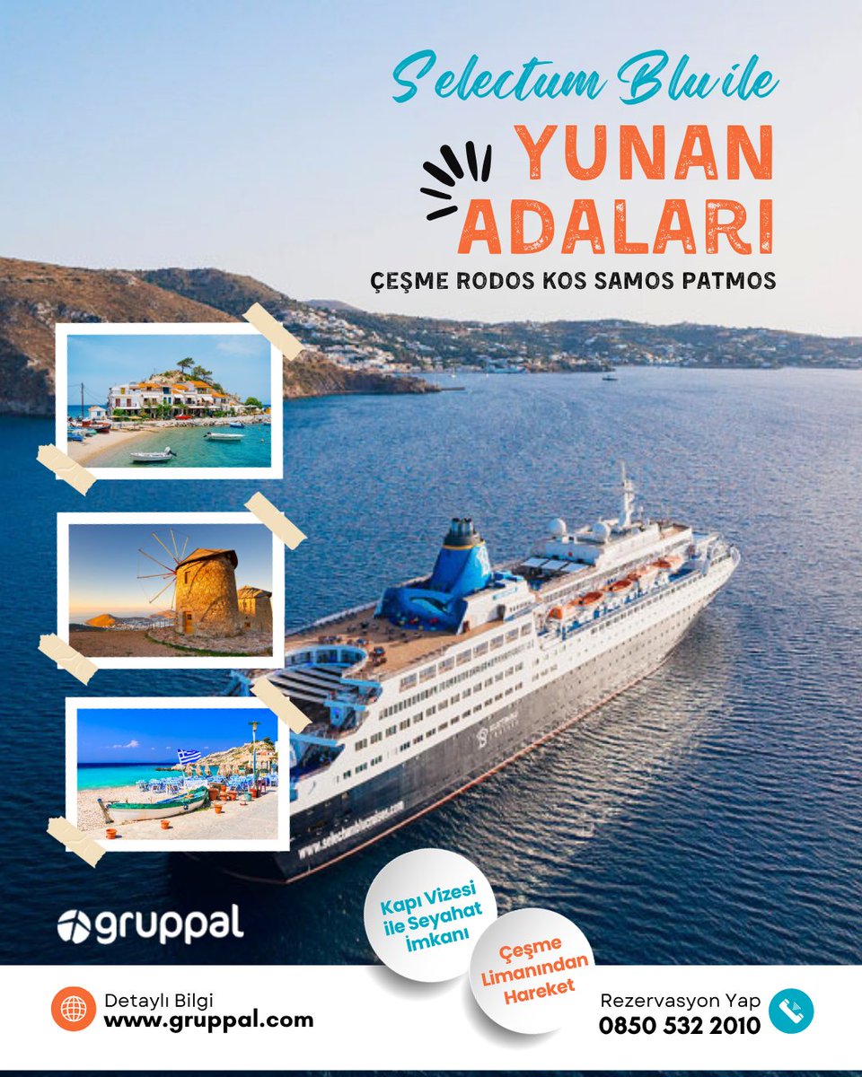 gruppal's tweet photo. 🚢🇬🇷 Ege’nin maviliklerinde unutulmaz bir ada yolculuğuna çıkmaya hazır mısınız?

Selectum Blu ile Çeşme’den hareket ederek Rodos, Kos, Samos ve Patmos’un büyüleyici atmosferini keşfedin. Tarihi sokaklar, masmavi koylar, eşsiz lezzetler ve Yunan adalarının kendine özgü yaşam kültürü bu rotada sizi bekliyor. ✨

🛳️ Selectum Blu konforunda cruise deneyimi
📍 Çeşme Limanı’ndan hareket
🛂 Kapı vizesi ile kolay seyahat imkânı
🏝️ Rodos • Kos • Samos • Patmos
🌅 Ege’nin en özel manzaraları ve limanları

Bu yaz pasaportunuzu alın, gerisini denizin ve adaların büyüsüne bırakın.

https://t.co/8Q086FhUfi

📞 Rezervasyon ve detaylı bilgi:
🌐 https://t.co/mQ8EVuuyCS
☎️ 0850 532 2010

#Gruppal #SelectumBlu #YunanAdaları #CruiseTuru #KapıVizesi #Rodos #Kos #Samos #Patmos #EgeTuru #YurtdışıTuru #YazTatili #GemideTatil #TravelGreece #IslandCruise