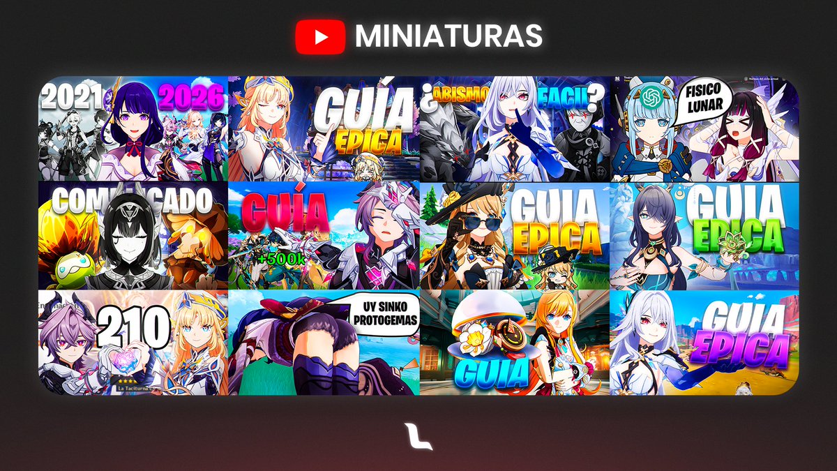 _leoncreative_'s tweet photo. Diseño de miniaturas genshin impact, que ademas de practica es un canal que me cree hace poco, decirme cual de todas les llama la atencion para poder hacer mejores miniaturas

Support Appreciated🔁💖 

#photoshop #graphicdesign #designer #designs #thumbnail #miniatura https://t.co/kiPClxXhk6
