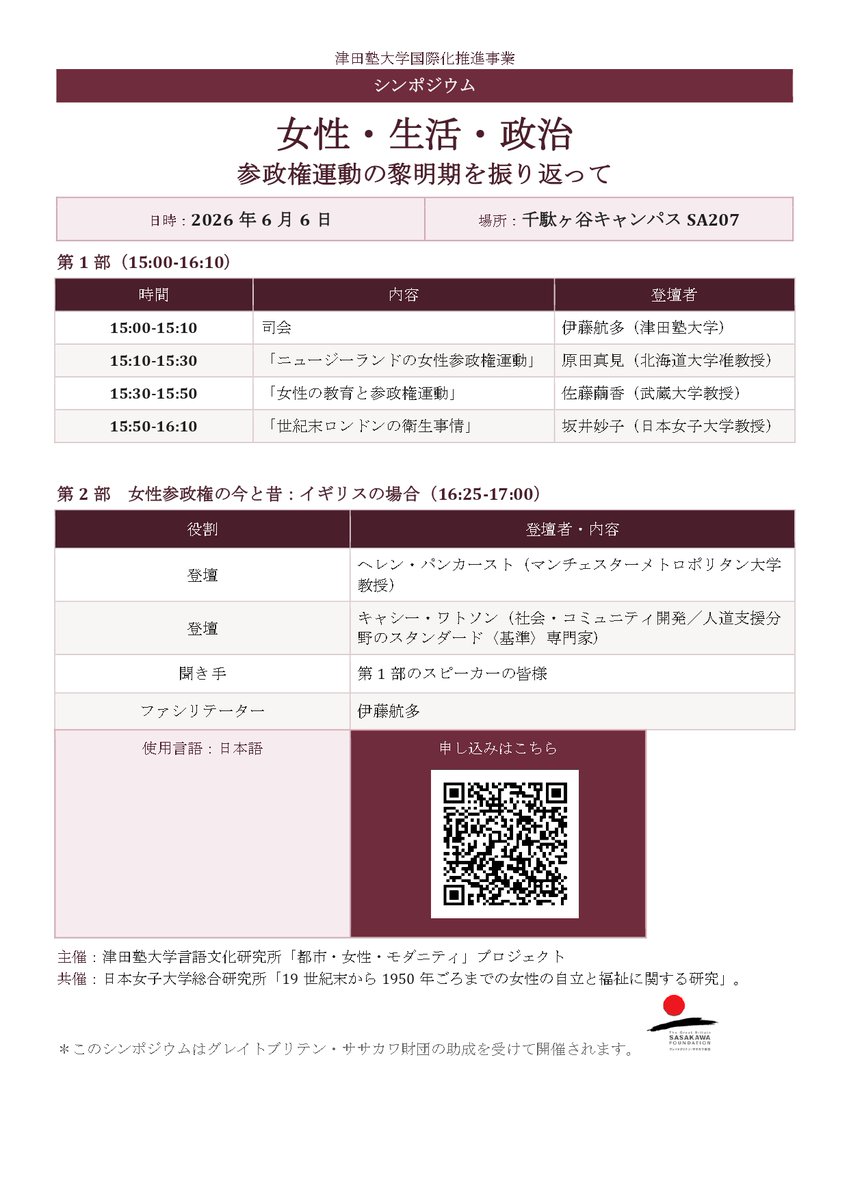 JWU_official's tweet photo. ／
一般の方も参加可能！
シンポジウム「女性・生活・政治」開催📢
📅6/6(土)15:00 当日参加OK
＼
#国際文化学科 坂井妙子教授が、津田塾大学主催のシンポジウムに登壇。
テーマは「世紀末ロンドンの衛生事情」。
女性参政権運動の黎明期を振り返りながら、女性・教育・生活・政治の関わりを考えます。 https://t.co/oIpciHZsna