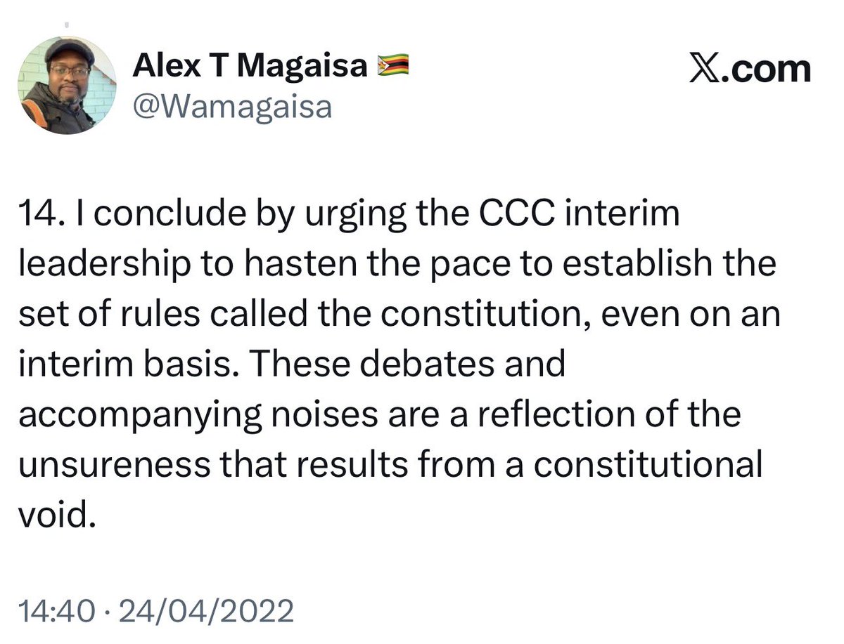 daddyhope's tweet photo. You should have listened to what Dr. Alex Magaisa said in 2022, which was the very point of contention between yourself and many other comrades. The CCC should have had proper structures and a constitution.

While we agree that Emmerson Mnangagwa crudely used crooked elements within the CCC to facilitate the takeover of the party, your failure to take advice and establish structures and a constitution also helped create the conditions that made it possible.

Political organisations cannot rely solely on personalities, goodwill, or popularity. They require institutions, rules, and clear governance frameworks that protect them from infiltration, manipulation, and capture.
The truth must be told in full, not in bits and pieces.

The tragedy in Zimbabwe today is personality politics. As long as Zimbabweans follow individuals instead of ideas, ZANUPF, as some of us warned a long time ago, will continue ruling over us.

Until Zimbabweans stop supporting nonsense, as many did in 2022 when they defended the refusal to establish a constitution and proper structures, they will continue getting the government they deserve. 
It is not just about what Emmerson Mnangagwa did. It is also about what you did, and what the Zimbabwean citizens who supported those decisions did. The full story, not selective fragments of it, is what brought us to where we are today.

I know that many people in Zimbabwe do not like being told uncomfortable truths, but the truth must be told in full. We should not be concerned about how people feel when discussing facts. What matters is that the truth is acknowledged honestly and completely.

You cannot go to bed with your door unlocked, as you did in 2022 by refusing to put in place a constitution and proper structures, and then pretend that your catastrophic decisions played no role in where we find ourselves today. Political organisations, like nations, require institutions, rules, and safeguards. When those protections are ignored, the consequences should not come as a surprise.