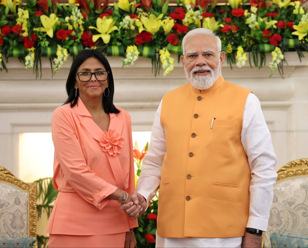 MEAIndia's tweet photo. PM @narendramodi held wide-ranging discussions with Acting President Delcy Rodríguez of Venezuela today.

The leaders reviewed the full spectrum of bilateral relations and explored new avenues of cooperation in energy, trade, investment, healthcare, automobiles among others.

The leaders also exchanged views on global & regional issues of mutual interest.

Both sides reaffirmed their commitment to deepening the bilateral partnership and advancing the interests of the Global South.