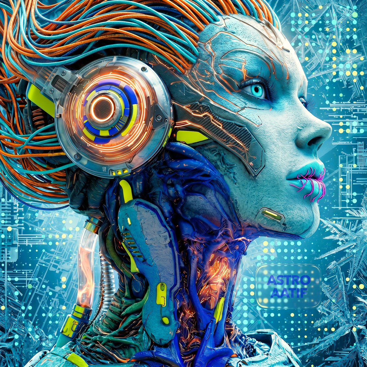 CreativeAatif's tweet photo. 🎨 | QT Your Cyborg Art

Presenting |  🤖🦧🥶🛜
The Oracle of Wired Light: 
Her Blue eyes blaze through circuits of destiny.
Orange cables stream like cosmic hair.
Flesh & machine entwine in eternal evolution.

Disclaimer: image made with AI