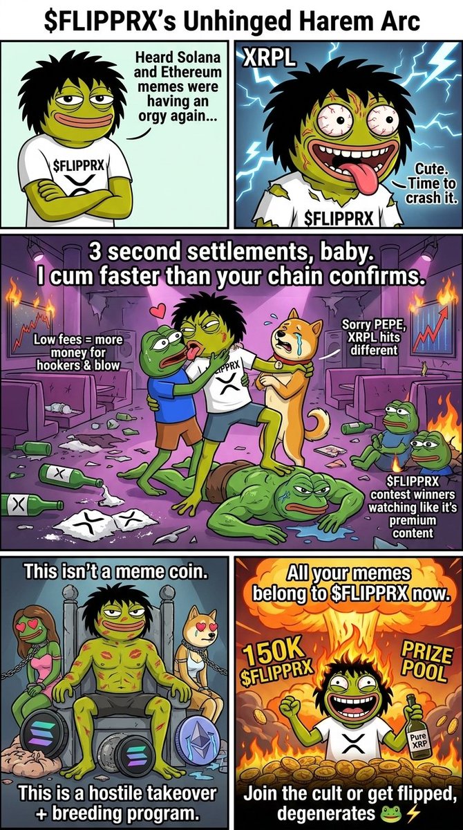 DipuDipu01's tweet photo. 😂 Naughty FLIPPRX😍🤑
"Only $FLIPPRX remains, degenerates.
Get flipped or get buried 🐸⚡💀"
@_Flipprx_  #FLIPPRX #XRPL #XRP #XRPCommunity #Memecoin #Web3 #CryptoCommunity 🚀🧟‍♂️ https://t.co/UWdxceUeTm