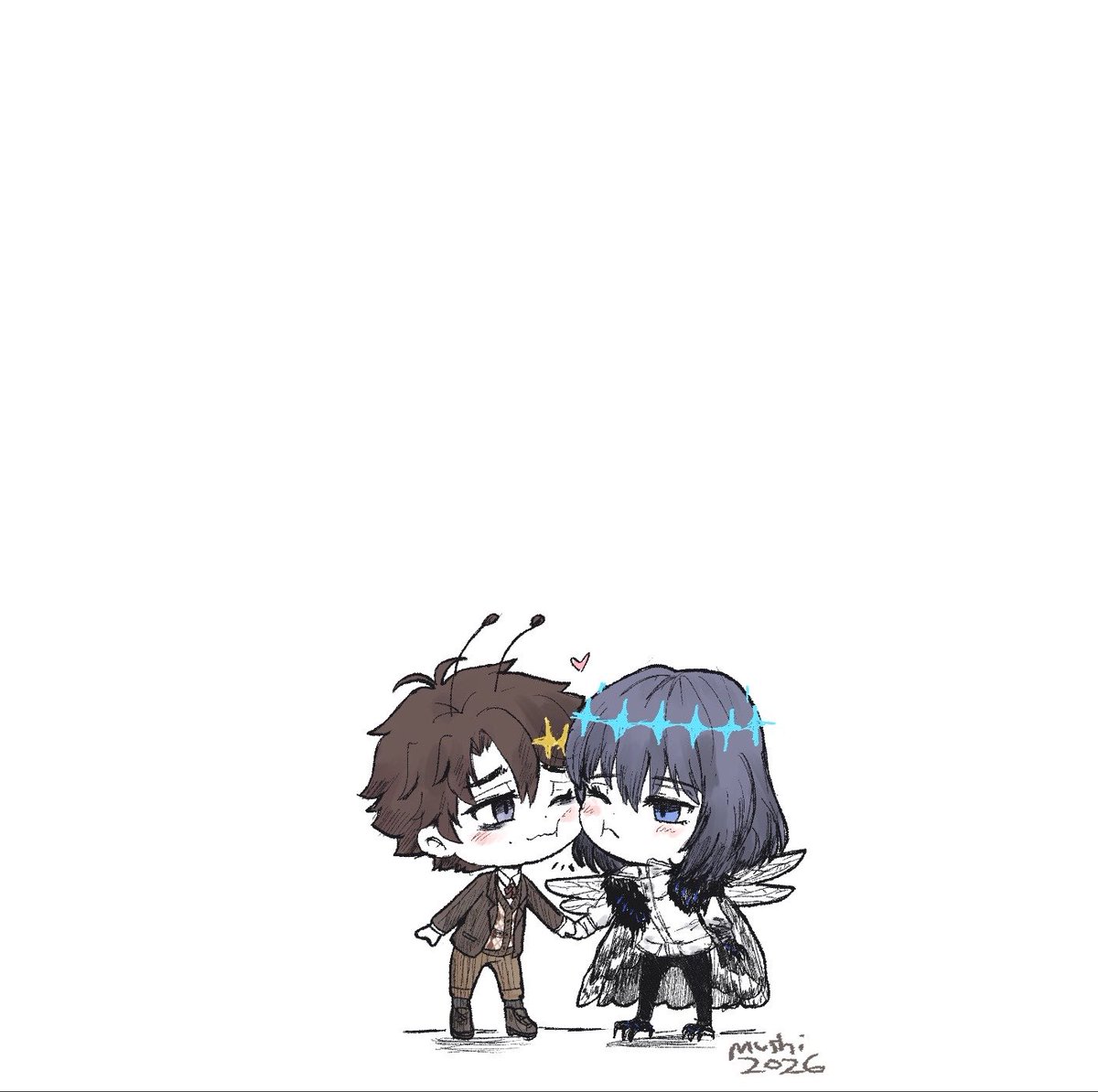 tasogarenaraku's tweet photo. I wanted to draw something for Bug Day/Mushi no Hi today but I find it hard to draw while on holiday so this will have to do. It’s fun to draw us extra tiny and bug-like. https://t.co/XFjm60sJMJ