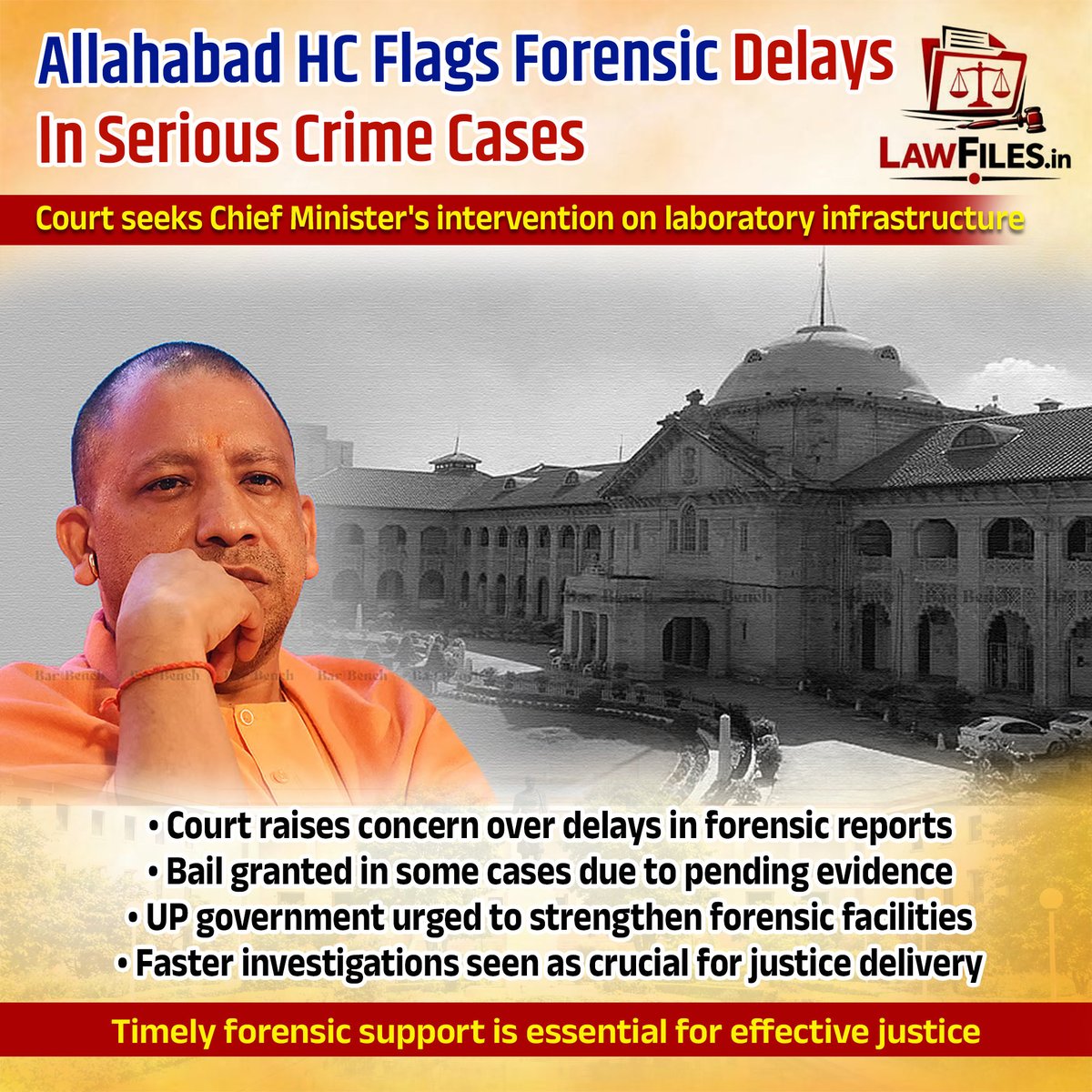 LawFilesLive's tweet photo. The Allahabad High Court has expressed serious concern over inadequate forensic laboratory infrastructure in Uttar Pradesh, observing that delays in forensic examination are affecting investigations in grave criminal cases, including rape and murder matters. The Court noted that prolonged waiting periods for forensic reports can weaken prosecutions and result in accused persons obtaining bail while investigations remain incomplete.

Highlighting the importance of scientific evidence in modern criminal investigations, the Court emphasized that timely forensic analysis is critical for ensuring effective prosecution and speedy justice. The bench observed that valuable police and judicial resources are often impacted when crucial reports are delayed for extended periods.

Taking note of the issue, the High Court has sought the intervention of Uttar Pradesh Chief Minister Yogi Adityanath and called for urgent measures to strengthen forensic infrastructure, manpower, and testing capacity across the state. The Court stressed that improving forensic facilities would not only aid law enforcement agencies but also help courts deliver timely and evidence-based justice.

The observations underscore the growing importance of forensic science in criminal justice administration and the need for robust institutional support to handle the increasing volume of investigations involving serious offences.

#AllahabadHighCourt #ForensicScience #UttarPradesh #CriminalJustice #Judiciary #LawAndOrder #LegalNews