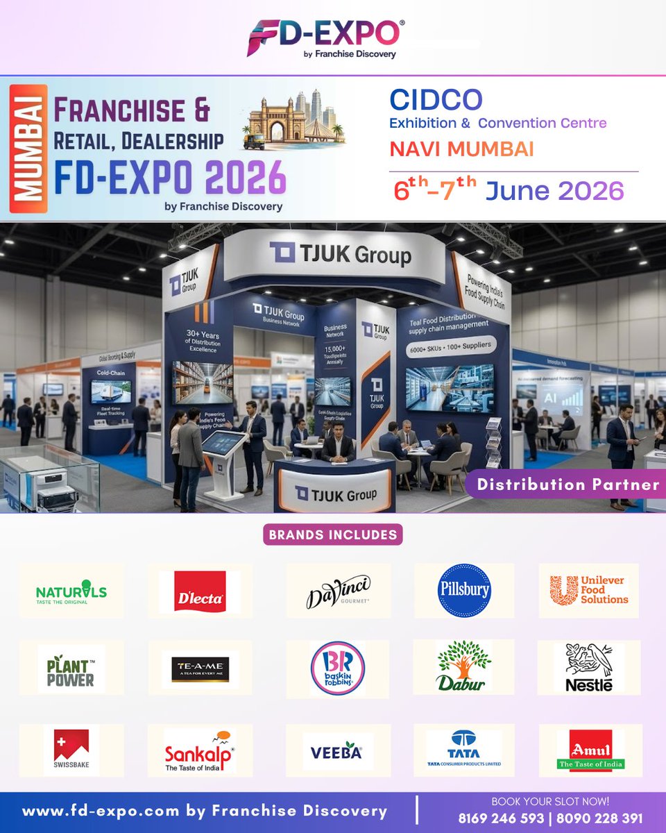 FDdiscovery's tweet photo. We’re excited to welcome TJUK Group to FD-EXPO Mumbai 2026 — a leading FMCG and food products company known for its extensive distribution network, advanced supply chain solutions.6th–7th June 2026 | CIDCO Exhibition &amp; Convention Centre, Navi Mumbai, https://t.co/0AcoBR85y1 https://t.co/D88XW1VGho