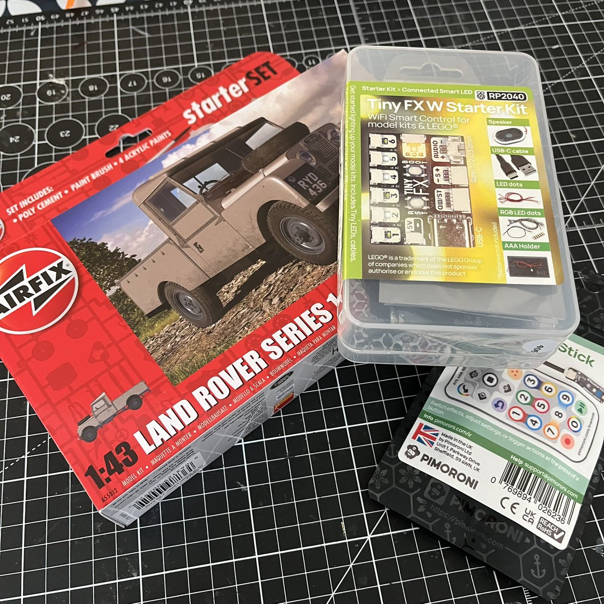 PaterPracticus's tweet photo. It is decided! I know what I’m going to do with the @pimoroni Tiny FX kit - a fire engine conversion from an @Airfix Land Rover - with flashing lights and perhaps sound too. I’ll be designing and 3D printing the stuff for the back and should be able to fit the controller inside. https://t.co/GmdUJEfQCK