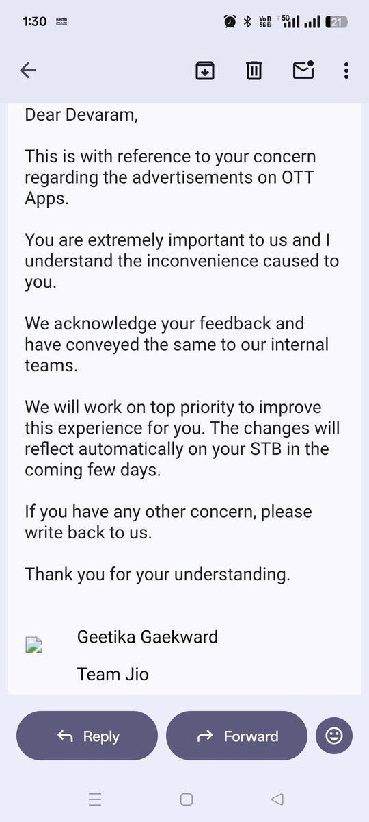 devarammali's tweet photo. @JioCare @jio_fiber @SonyLIV @मेरे JioFiber प्लान में SonyLIV Premium है फिर भी हर शो में बहुत सारी ऐड आ रही है। ऐड के बाद और buffering के बाद एपिसोड शुरू से चालू हो जाता है। 5 दिन पहले email में कहा था ठीक हो जाएगा लेकिन अभी तक कोई समाधान नहीं हुआ। email का screenshot attach https://t.co/VEv3OWjFKQ