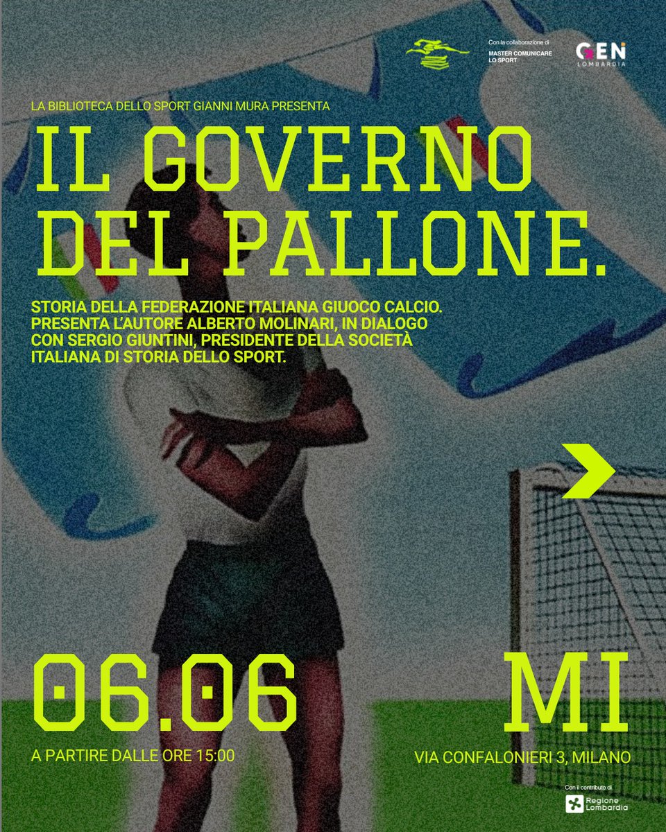 AFLabTw's tweet photo. Segnaliamo: sabato 6, presentazione del libro 'Il governo del pallone. Storia della Federazione Italiana Giuoco Calcio'
📍Biblioteca della Sport Gianni Mura, via Confalonieri 3, Milano
⏰ 15:00 https://t.co/hgMfTbwi7g