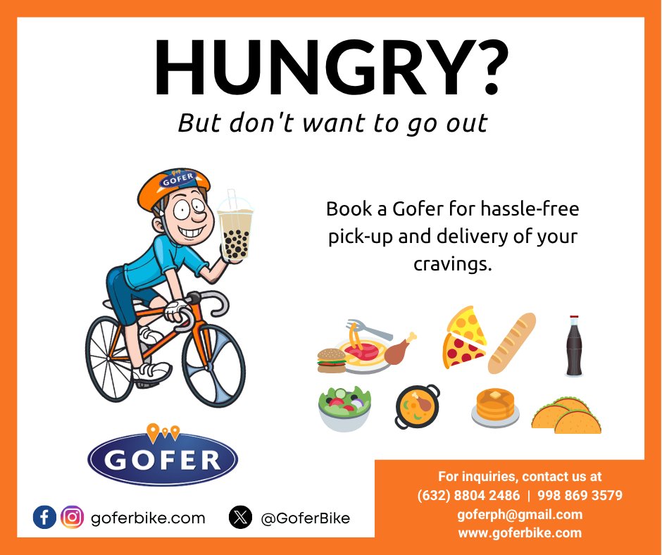 GoferBike's tweet photo. Let Gofer handle your food delivery for you!
Fast, safe, and hassle-free service—get your meals delivered right to your doorstep.

Message us now to book your delivery
Gofer – Your trusted errand partner

#GoferPh #riders #fooddelivery #hasslefreeservice #follower https://t.co/h57BbgzUXf