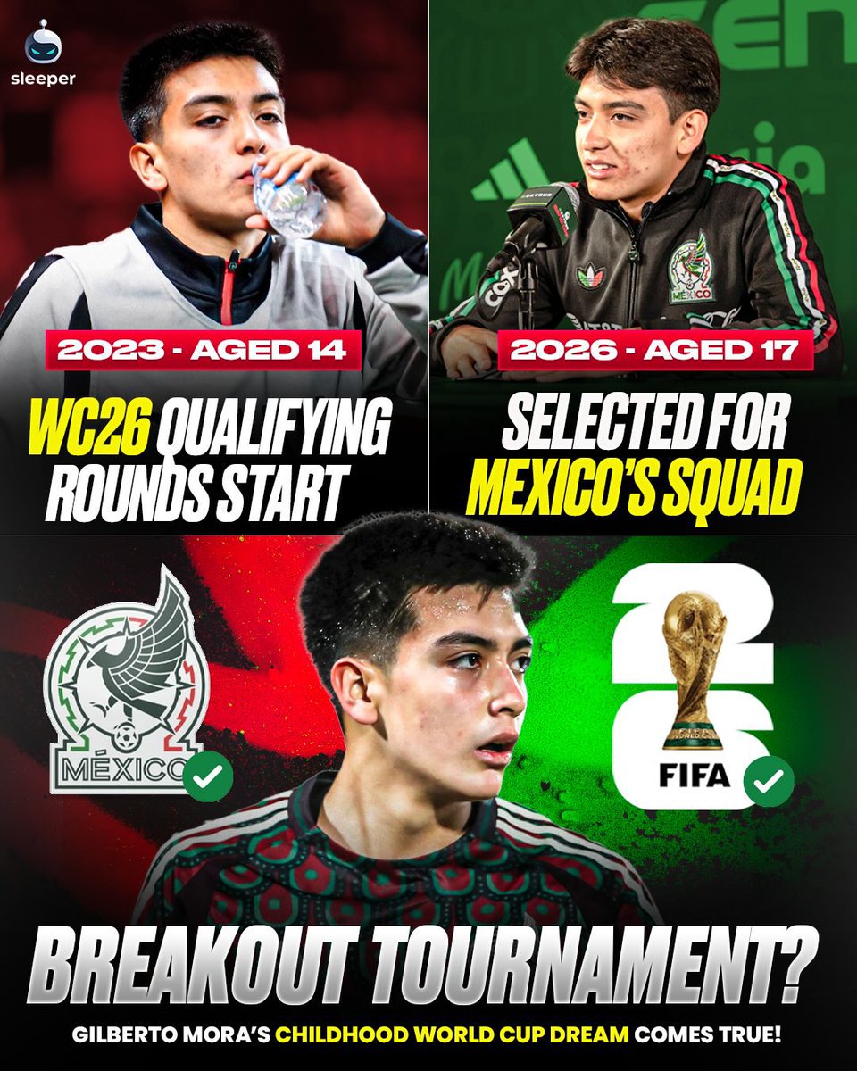 SleeperFooty's tweet photo. Gilberto Mora’s World Cup dream has come true aged 17! 🇲🇽🫶

When qualifying games started in 2023, Mora was just 14 years old dreaming of one day playing for his country… 🥹

Fast forward only 3 years, he’s now called up for Mexico’s World Cup squad aged 17. 🙌 https://t.co/nail63S54W