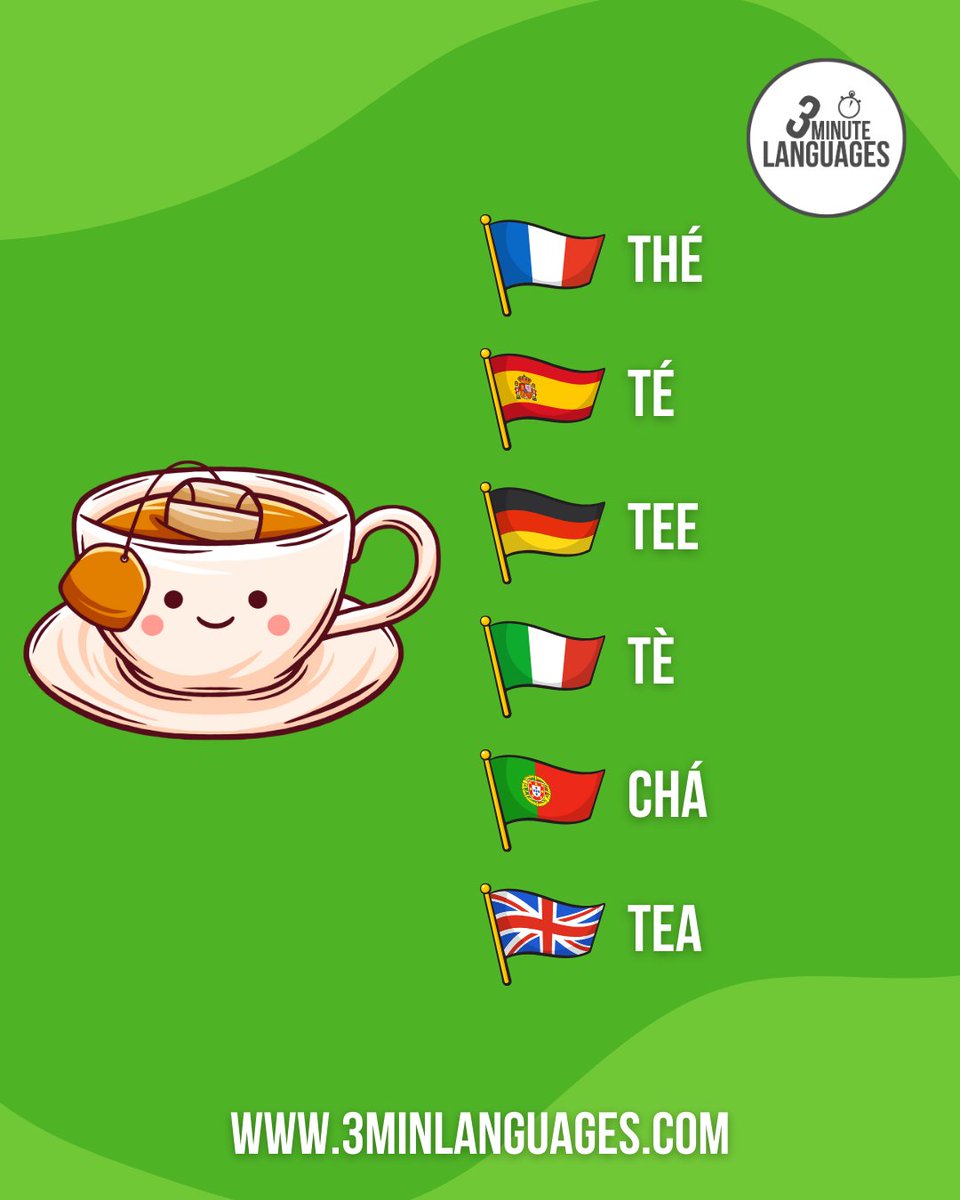 3MLanguages's tweet photo. How do you say “tea” in French, Spanish, German, Italian and Portuguese?

Learn a new language here https://t.co/aviltQdhX3 https://t.co/wOhkQqRAz8