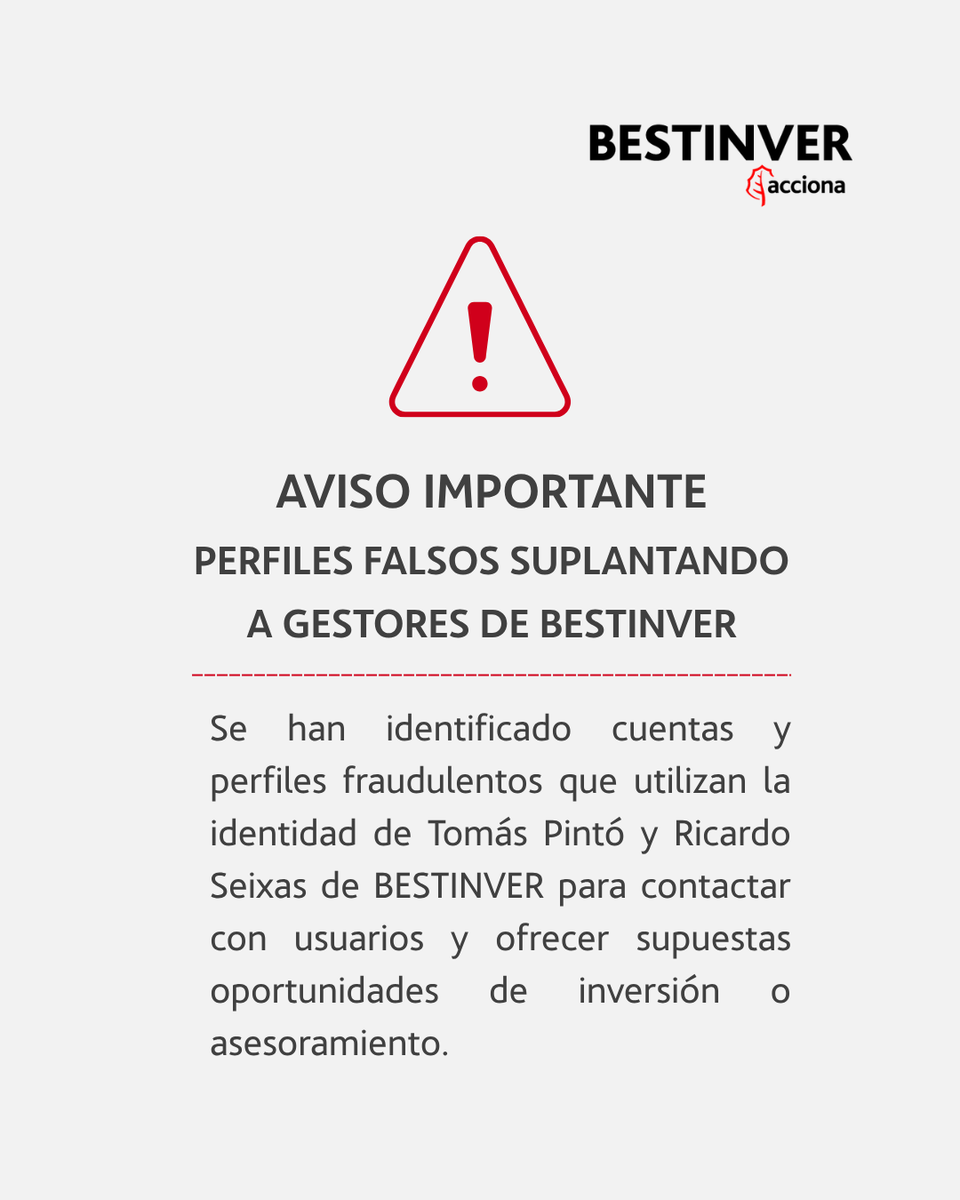 BESTINVER's tweet photo. ⚠️ AVISO IMPORTANTE: PERFILES FALSOS SUPLANTANDO A GESTORES DE BESTINVER ⚠️ 

👉 Se han identificado cuentas y perfiles fraudulentos que utilizan la identidad de Tomás Pintó y Ricardo Seixas de BESTINVER para contactar con usuarios y ofrecer supuestas oportunidades de inversión o asesoramiento.